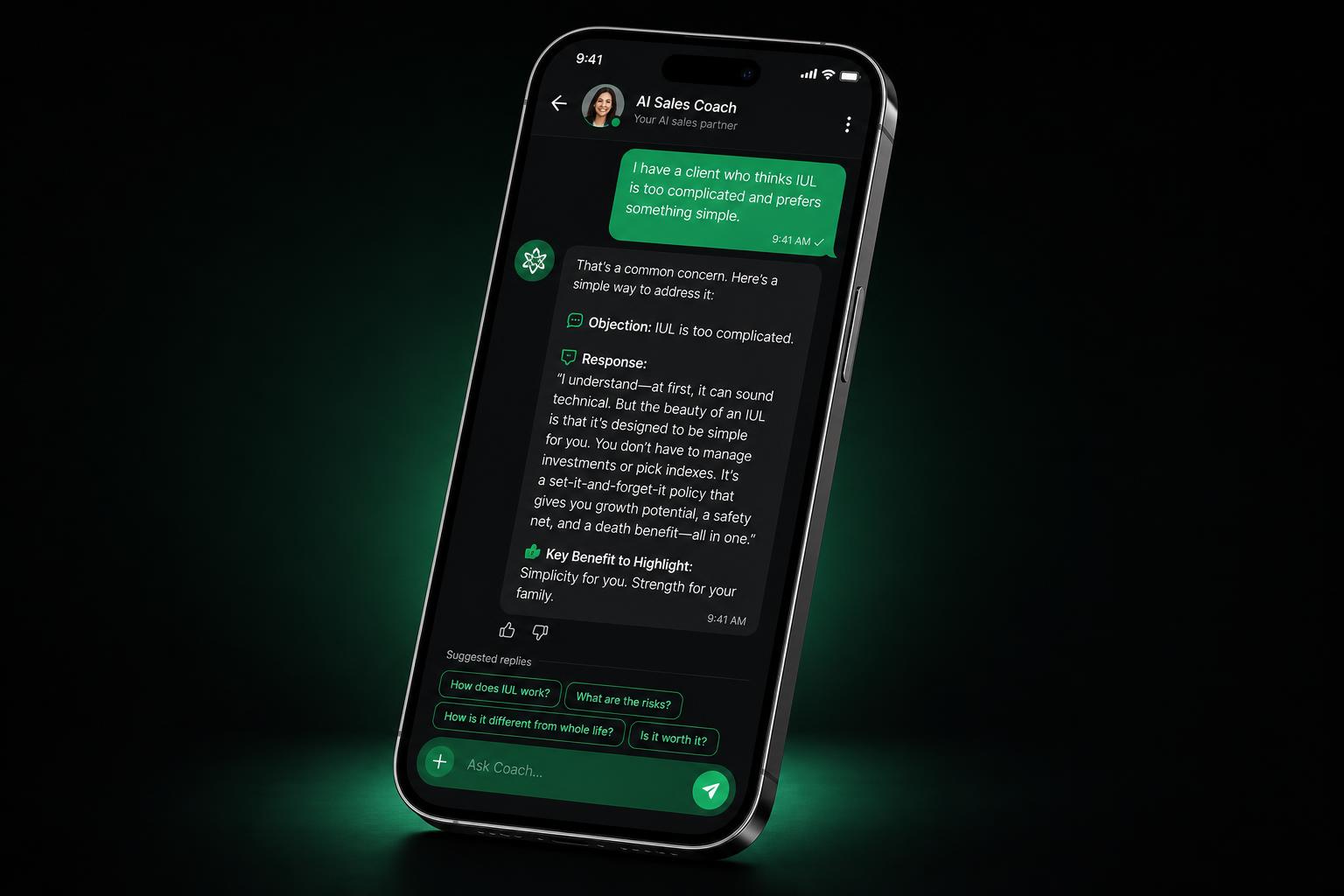 A coach in your pocket. Trained on what actually closes.